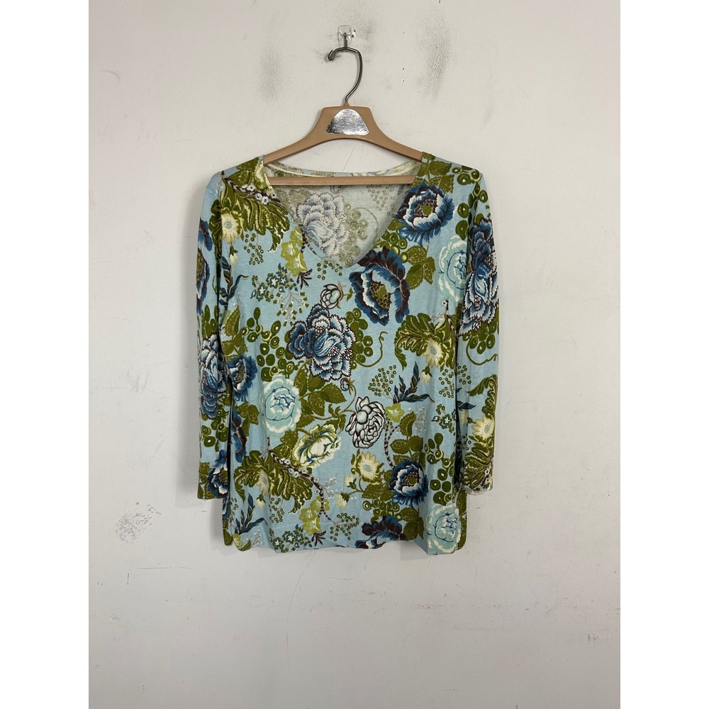 Talbots Silk Cotton Floral V-Neck Sweater Blue Green XL 3/4 Sleeve Knit Top